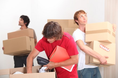 Professional movers securing belongings inside a van