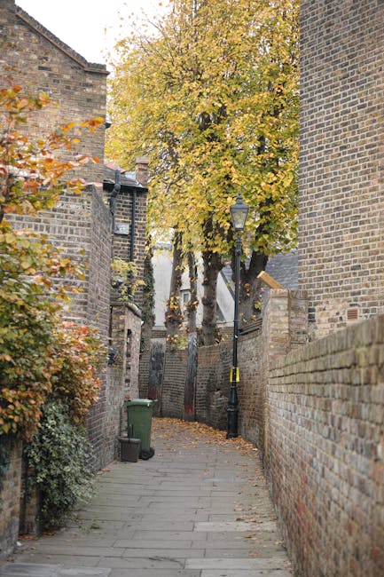 A narrow, paved alleyway in an urban residential area during autumn, featuring brick walls on both sides and a large tree with yellow and orange foliage at the end of the path. A street lamp with a bl